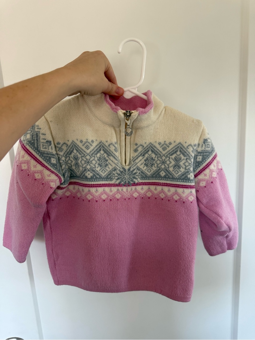 Dale of Norway wool Girls Pink and Cream Fair Isle Half-Zip Sweater